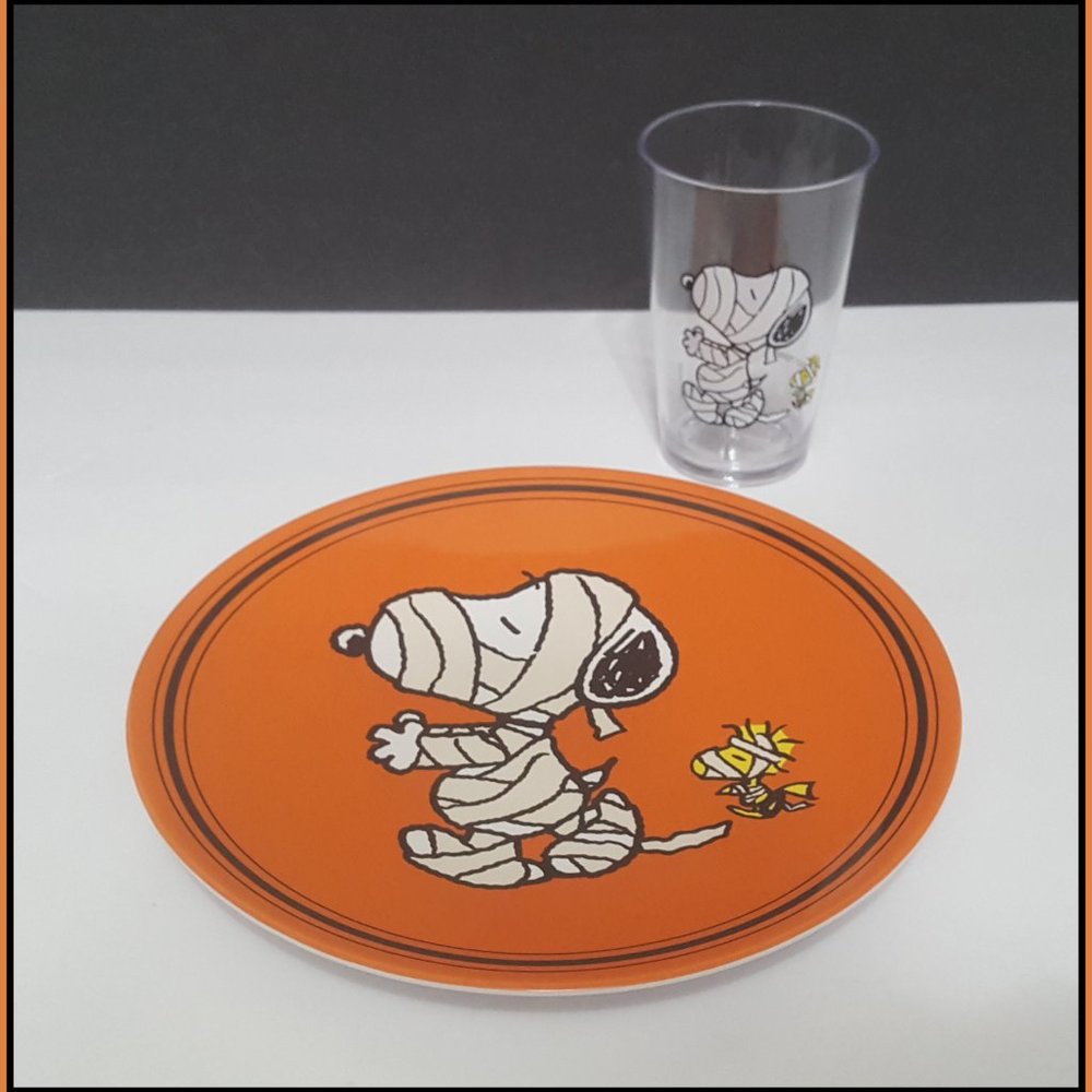 NEW Pottery Barn Kids Halloween Snoopy Mummy Plate and Tumbler